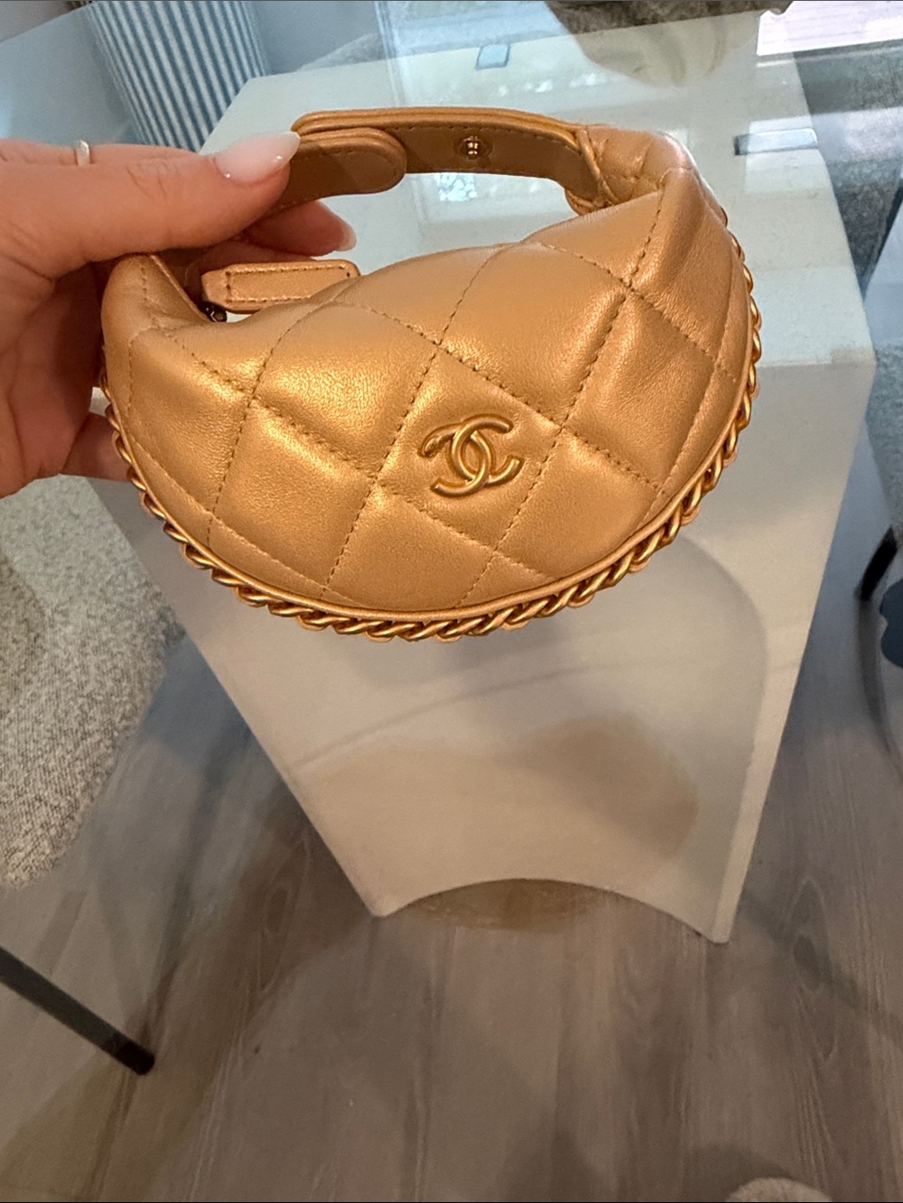 CHANEL Quilted Crescent Mini Handle Bag in Metallic Gold-Tone